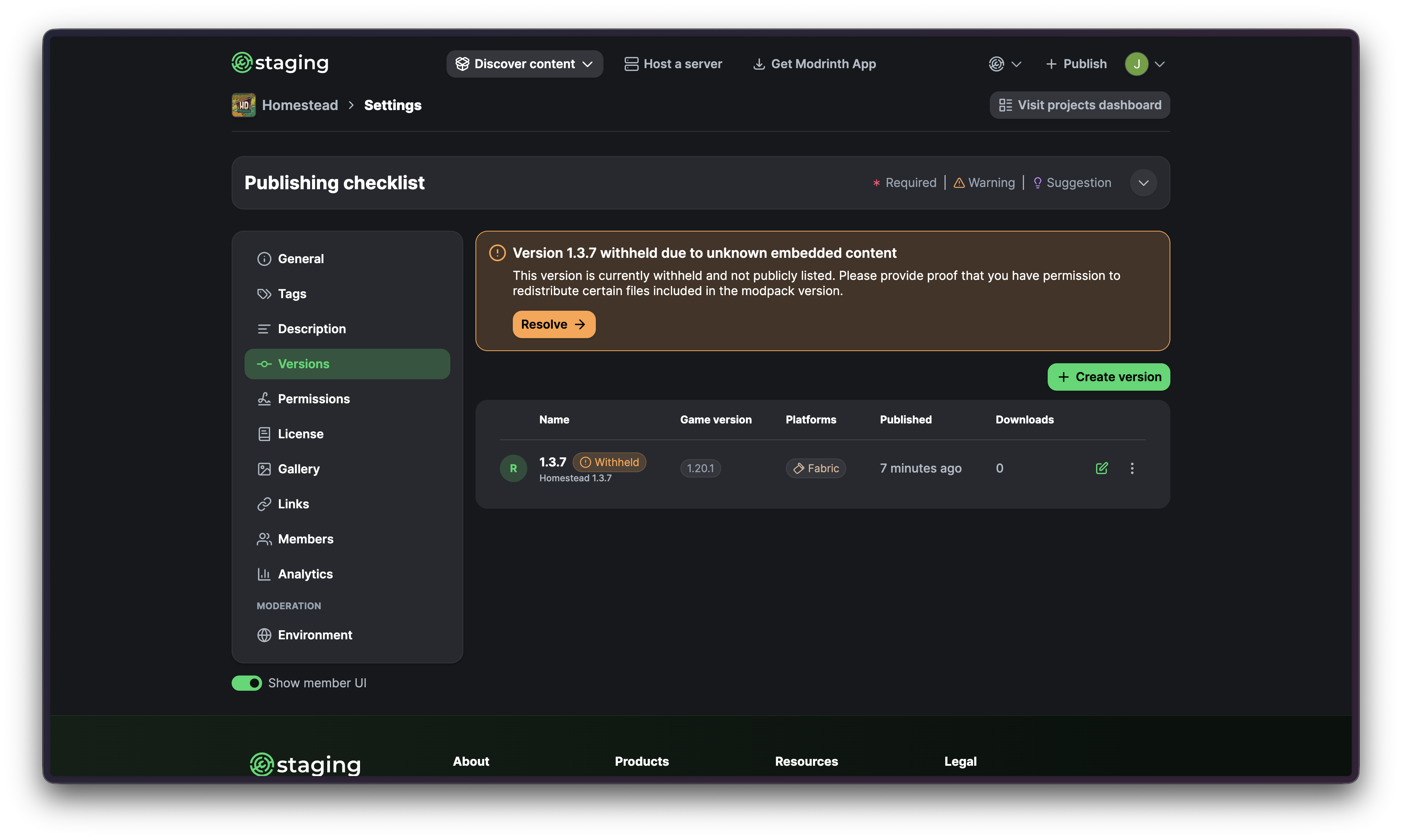 A modpack version page showing a withheld version warning for unknown embedded content.