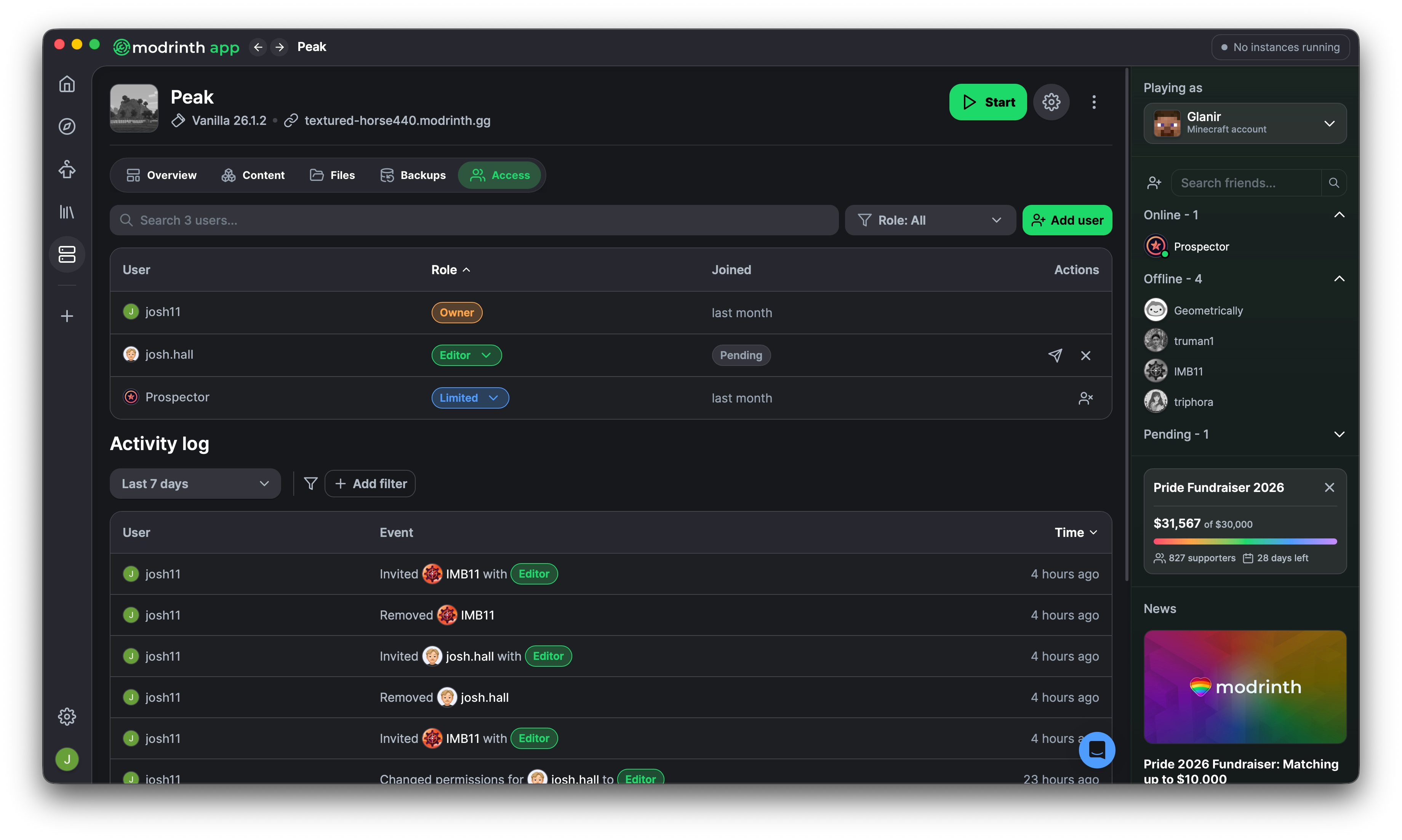 The new Access tab in the Modrinth Hosting panel, featuring a list of invited users and their permissions, invite new users, and an activity log to see what changes are being made to your server and by whom.